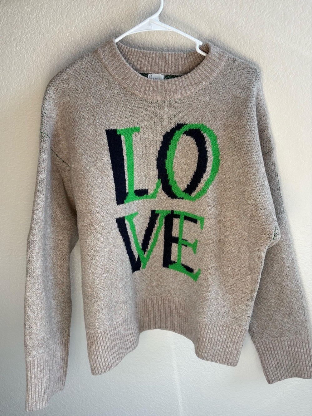 a new day Beige Crewneck Sweater with Green & Navy LOVE Intarsia size medium